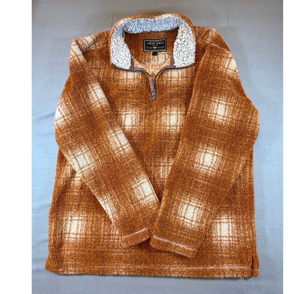 True Grit Mens XL Sherpa Fleece Quarter Zip Pullover Plaid Rust Orange Brown